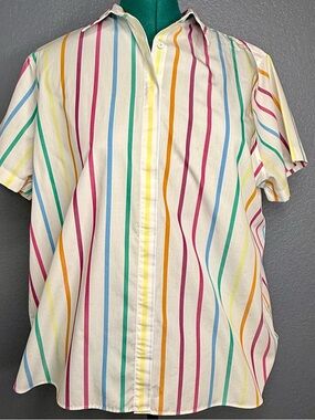 Lands’ End Multicolor Striped Button Down Size 18 XL Fit Short Sleeve Cotton